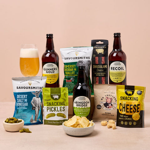 Real ale gift hamper with bottles of Loose Cannon beers and savoury snacks