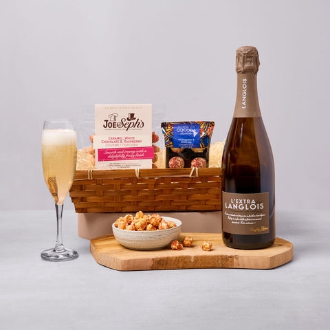 Prosecco and popcorn hamper with sparkling wine and sweet treats