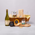 White wine and cheese hamper with crackers, chutney and olives