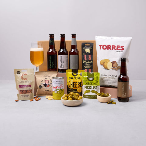 Hawkstone beer hamper with crisps, nuts, pork crackling and snacks