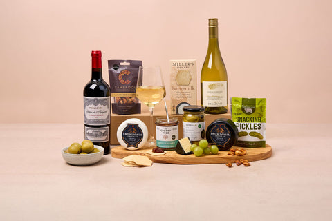 Cheese and wine lover hamper with red wine, cheeses and charcuterie