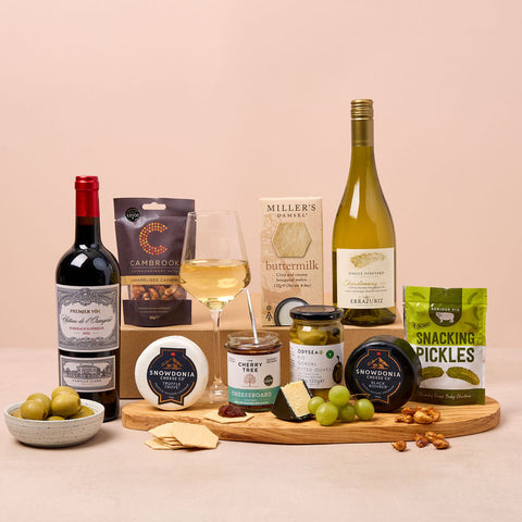 Cheese and wine lover hamper with red wine, cheeses and charcuterie