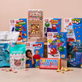 Family games night hamper with snacks, popcorn and board games