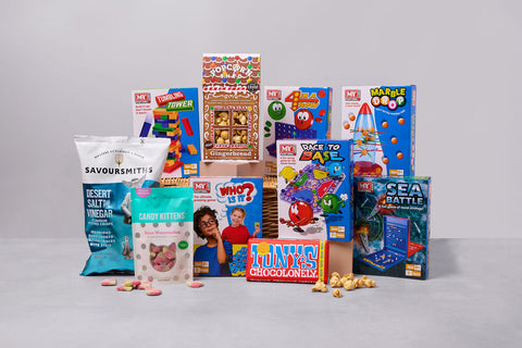 Games and treats hamper with crisps, chocolate and family games