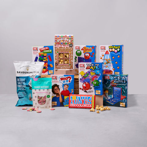 Family games night hamper with snacks, popcorn and board games
