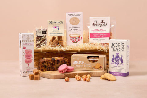 Luxury afternoon tea treats hamper with cakes, biscuits, fudge and popcorn